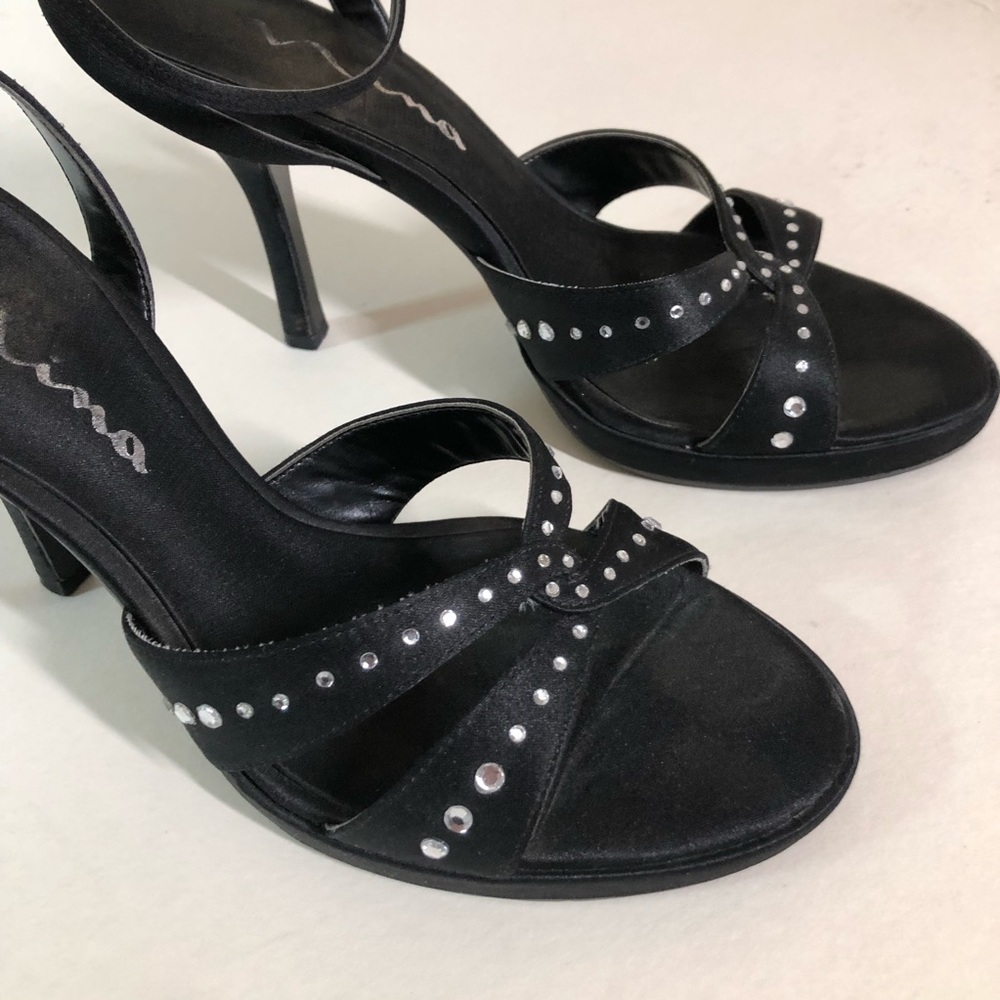 Nina Strappy Sandals Size 8 Black Satin & Rhinestone High Heels